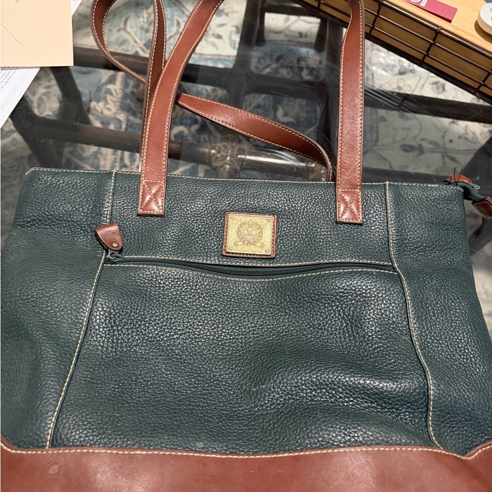 Elegant Green and Brown Leather Tote Bag
